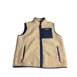 Vineyard Vines Mens Sherpa Full Zip Vest XL Beige & Navy Polyester